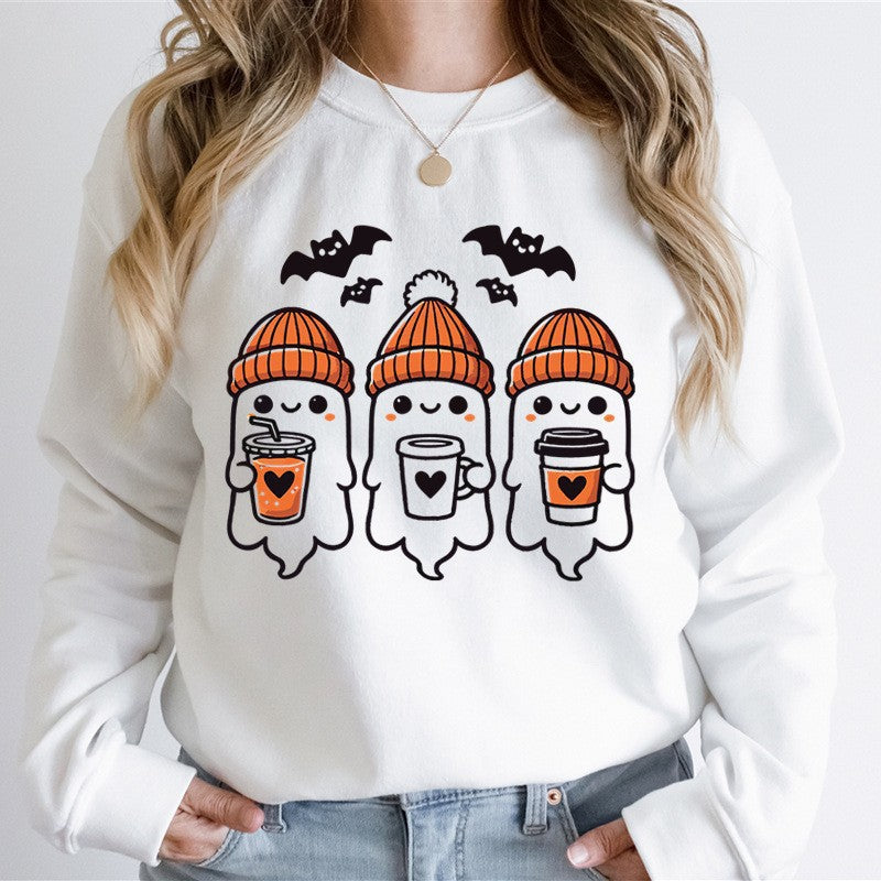 Damen nan gemütlicher Halloween Grafikpullover mit niedlichen Geist-Motiven, Rundhalsausschnitt und weichem Baumwollmix Echo Archiv