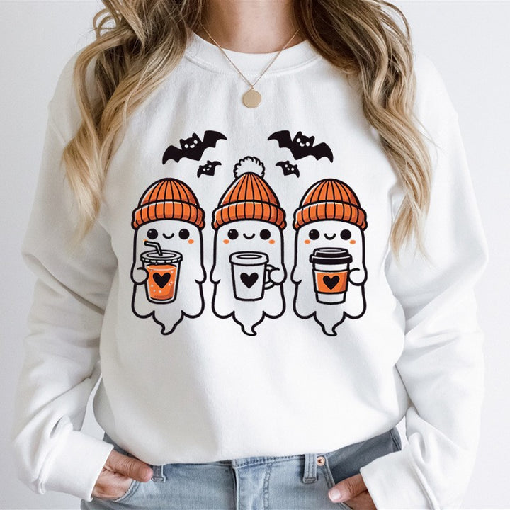 Damen nan gemütlicher Halloween Grafikpullover mit niedlichen Geist-Motiven, Rundhalsausschnitt und weichem Baumwollmix Echo Archiv