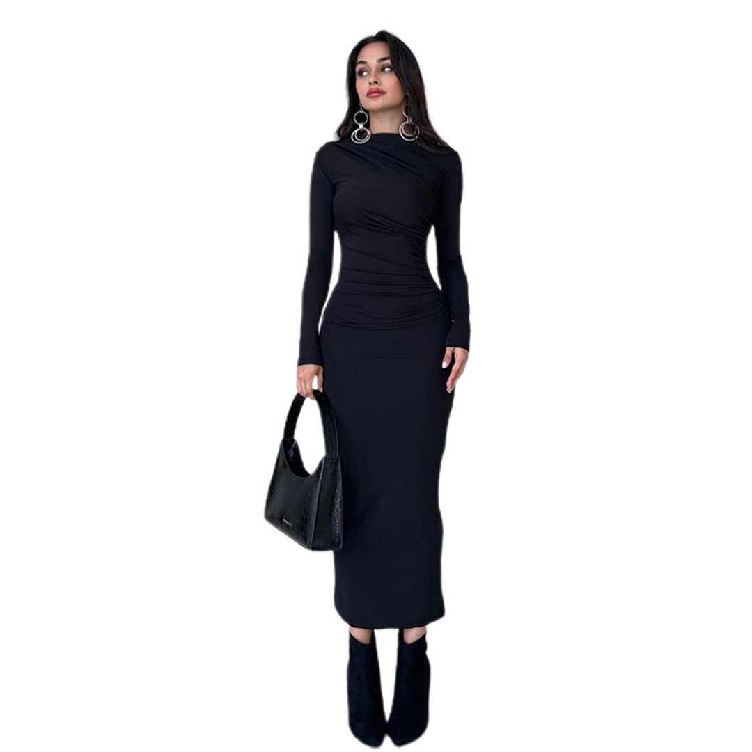 Damen figurbetontes Maxikleid mit hohem Kragen und seitlicher Raffung Echo Archiv
