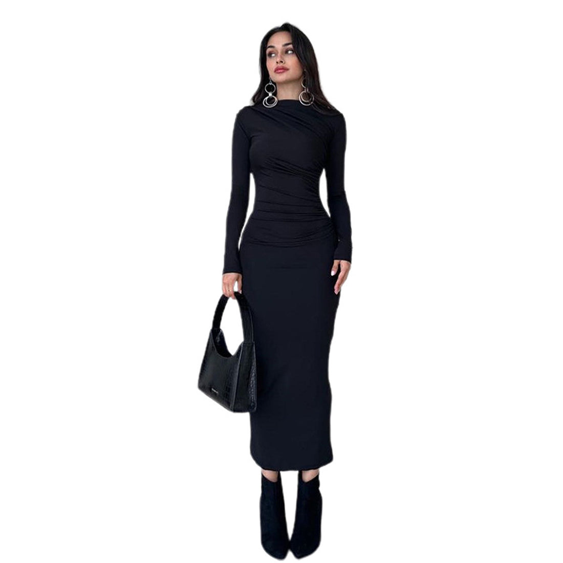 Damen figurbetontes Maxikleid mit hohem Kragen und seitlicher Raffung Echo Archiv