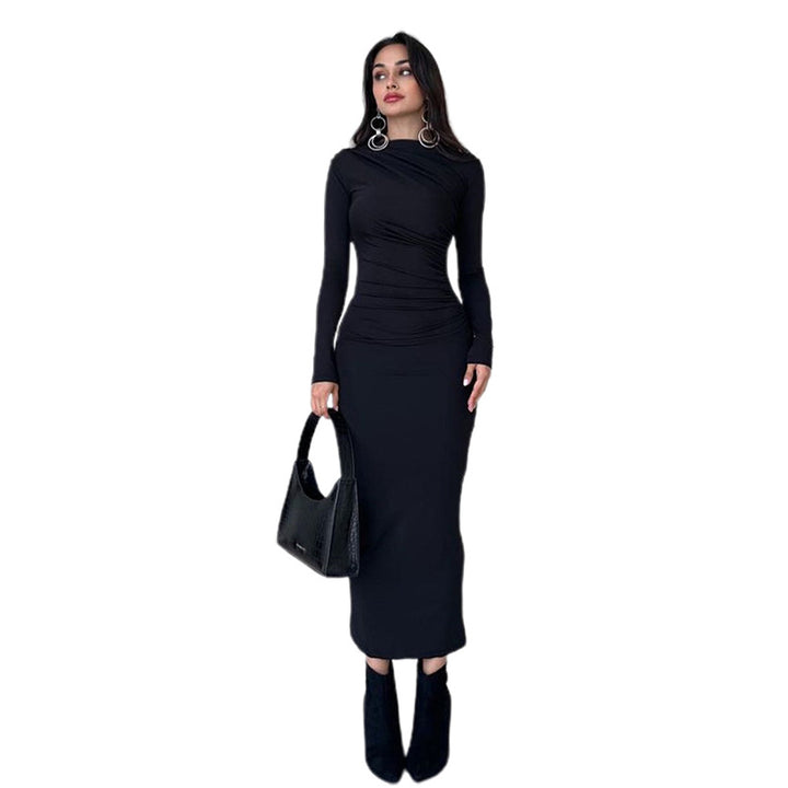 Damen figurbetontes Maxikleid mit hohem Kragen und seitlicher Raffung Echo Archiv