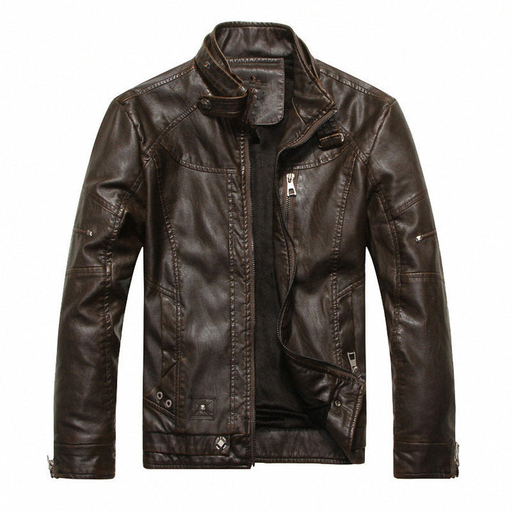 Herren Lederimitat-Bikerjacke im Vintage‑Look mit Stehkragen, Ziernähten und Reißverschluss Echoarchiv