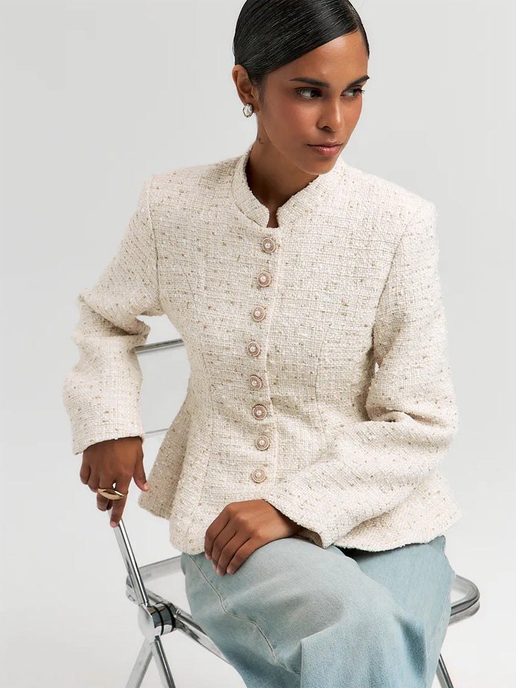 Damen Bouclé-Blazer mit Stehkragen und taillierter Schößchen-Silhouette Echoarchiv