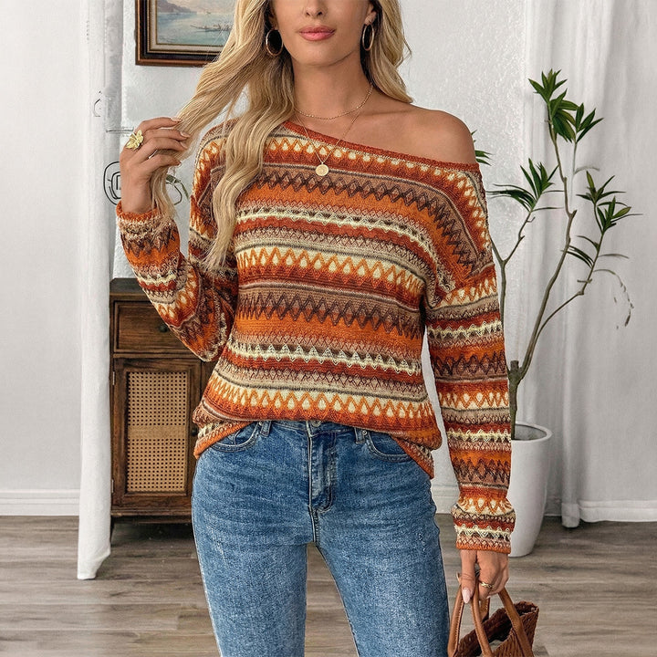 Damen Oversize Strickpullover mit asymmetrischem Schulterauschnitt und Norwegermuster – Mavelle