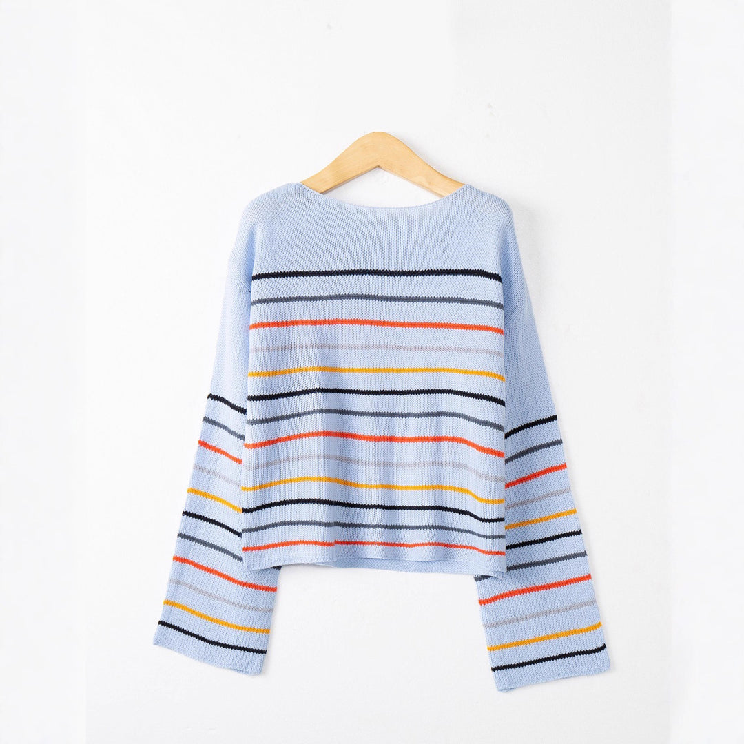 Damen Kurzgeschnittener Feinstrick-Pullover mit Rundhalsausschnitt, mehrfarbigen Horizontalstreifen und überschnittenen Schultern Echo Archiv