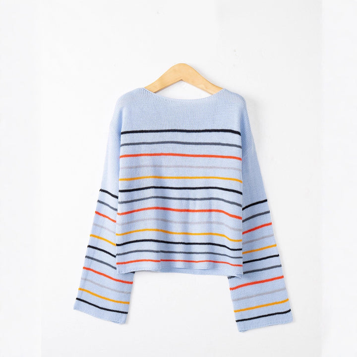 Damen Kurzgeschnittener Feinstrick-Pullover mit Rundhalsausschnitt, mehrfarbigen Horizontalstreifen und überschnittenen Schultern Echo Archiv