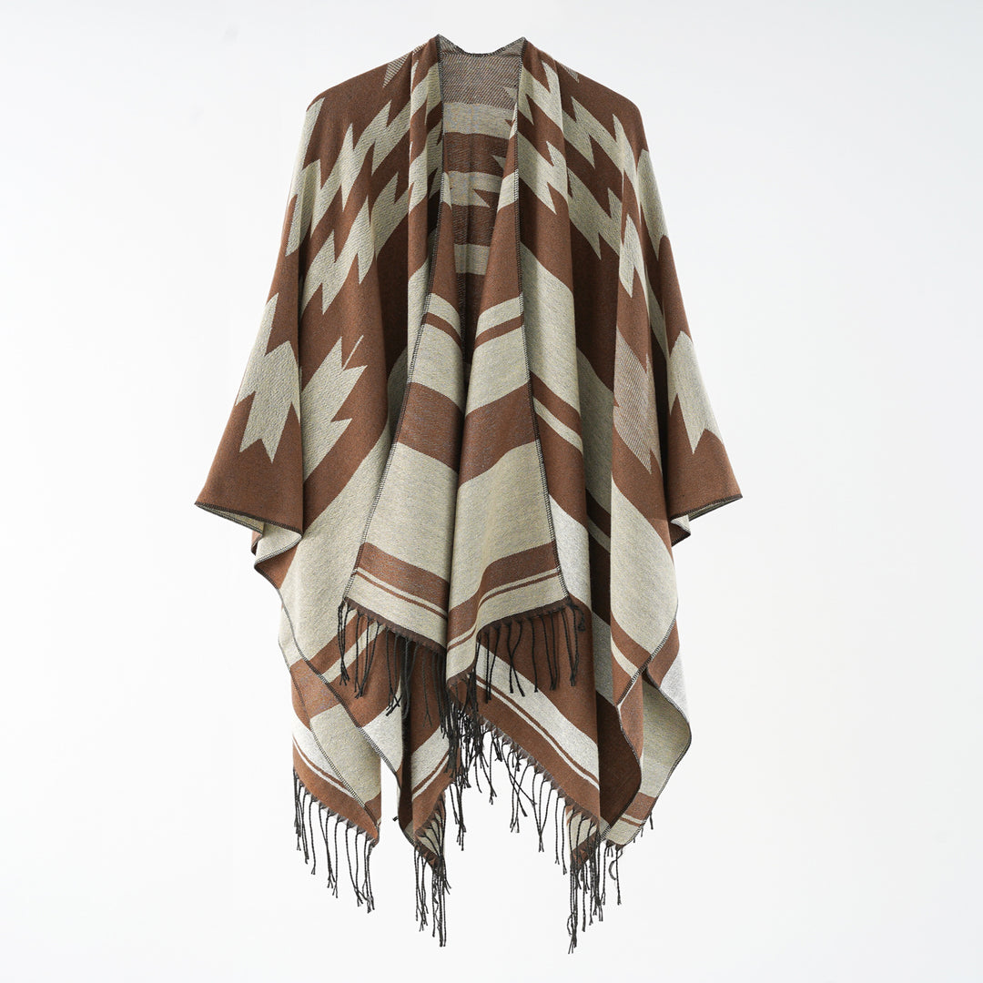 Damen Langer Reversfreier Webponcho im Umhangstil mit dezentem Zackenmuster und Fransensaum – Montévia