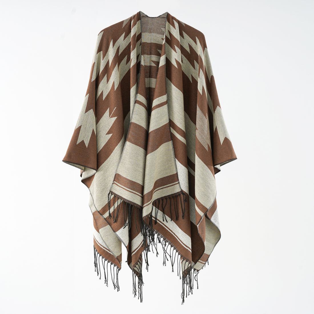 Damen Langer Reversfreier Webponcho im Umhangstil mit dezentem Zackenmuster und Fransensaum – Montévia