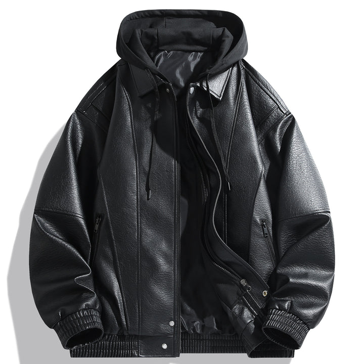 Herren Kunstlederjacke mit abnehmbarer Kapuze und funktionalen Taschen Echoarchiv