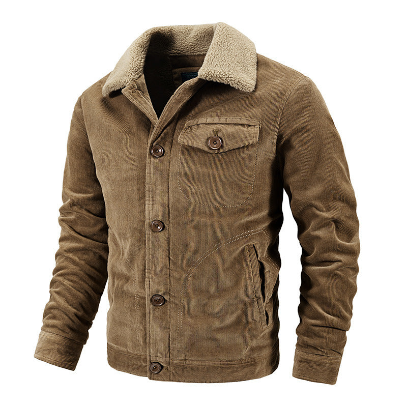 Herren Cord-Truckerjacke mit wärmendem Sherpa-Kragen und Holzknopffront – Taviero
