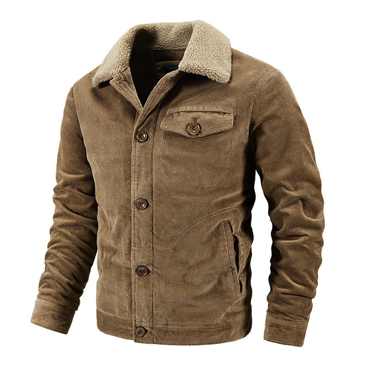 Herren Cord-Truckerjacke mit wärmendem Sherpa-Kragen und Holzknopffront – Taviero
