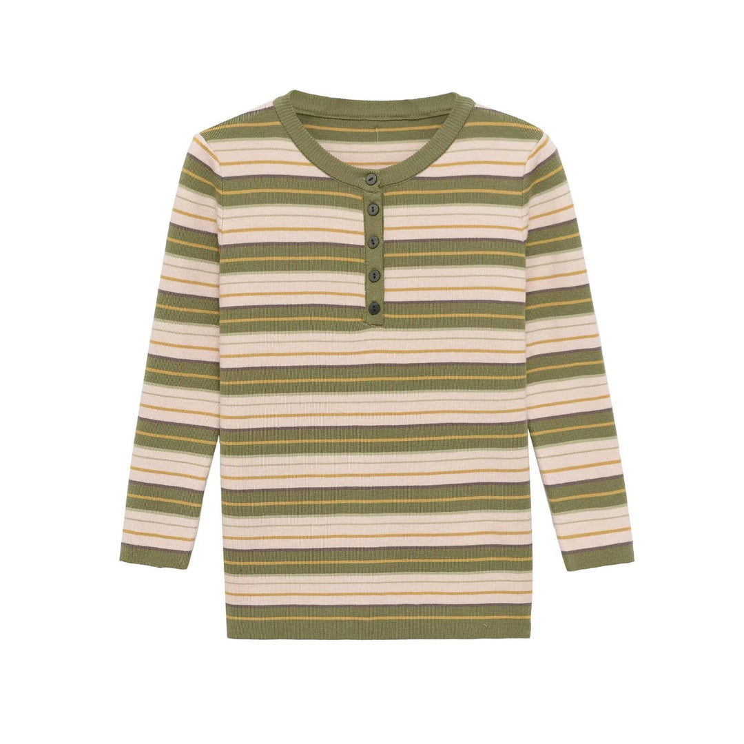 Damen Gestreiftes Rippstrick-Henleyshirt mit Knopfleiste und schmaler Passform Echo Archiv