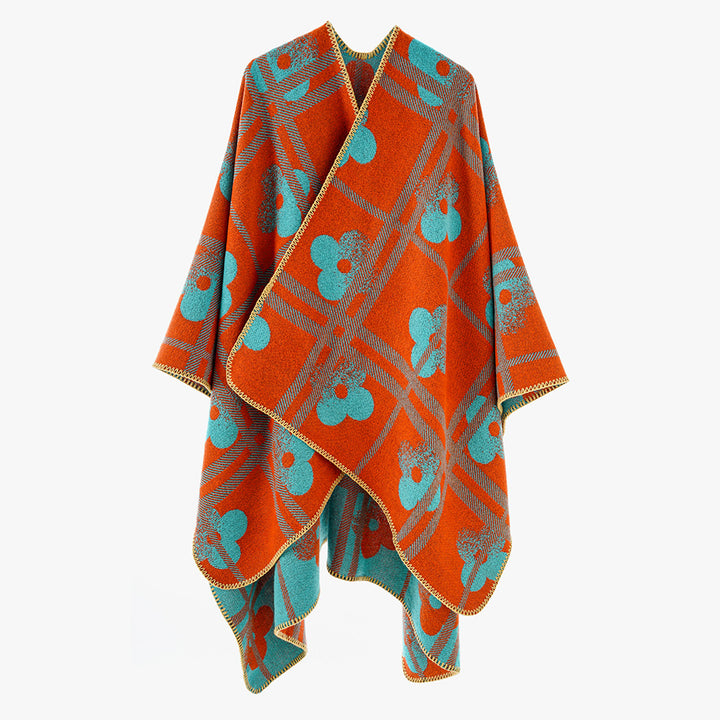 Damen Grobgewebter Deckenponcho im Ruana‑Schnitt mit floraler Karo‑Jacquard – Avérine