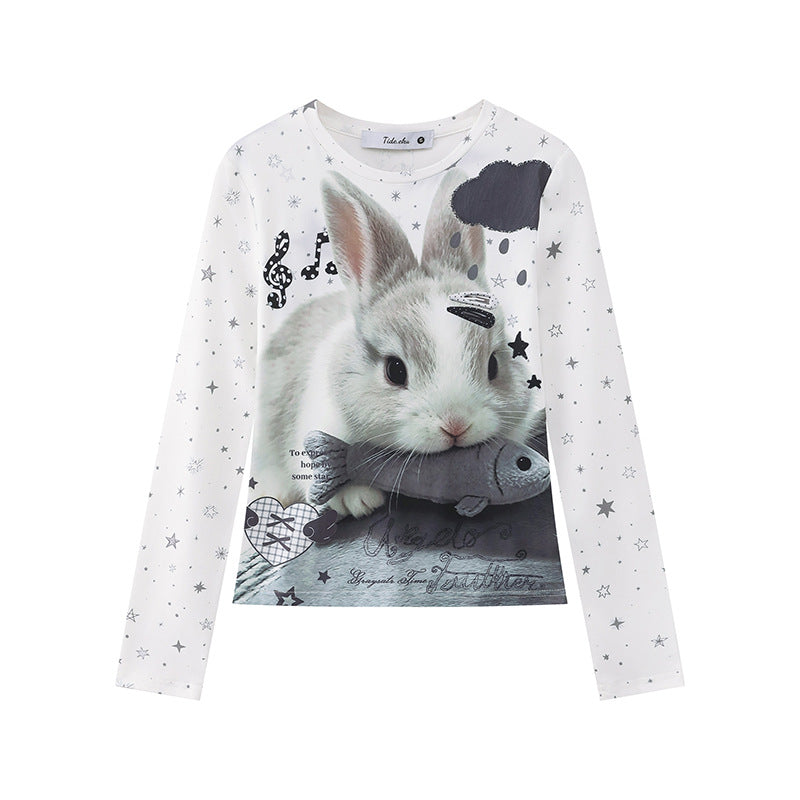 Damen Langarmshirt mit fotorealistischem Hasen-Fotoprint, Allover-Sternenmuster und elastischem Jersey Echoarchiv