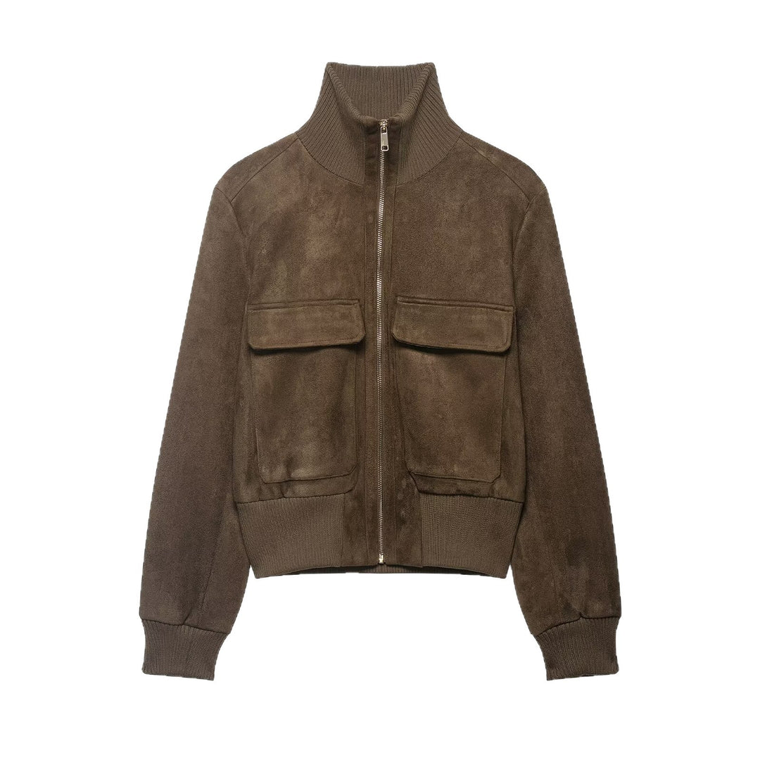 Damen Bomberjacke aus Velourslederoptik mit hohem Rippkragen und Pattentaschen Echoarchiv