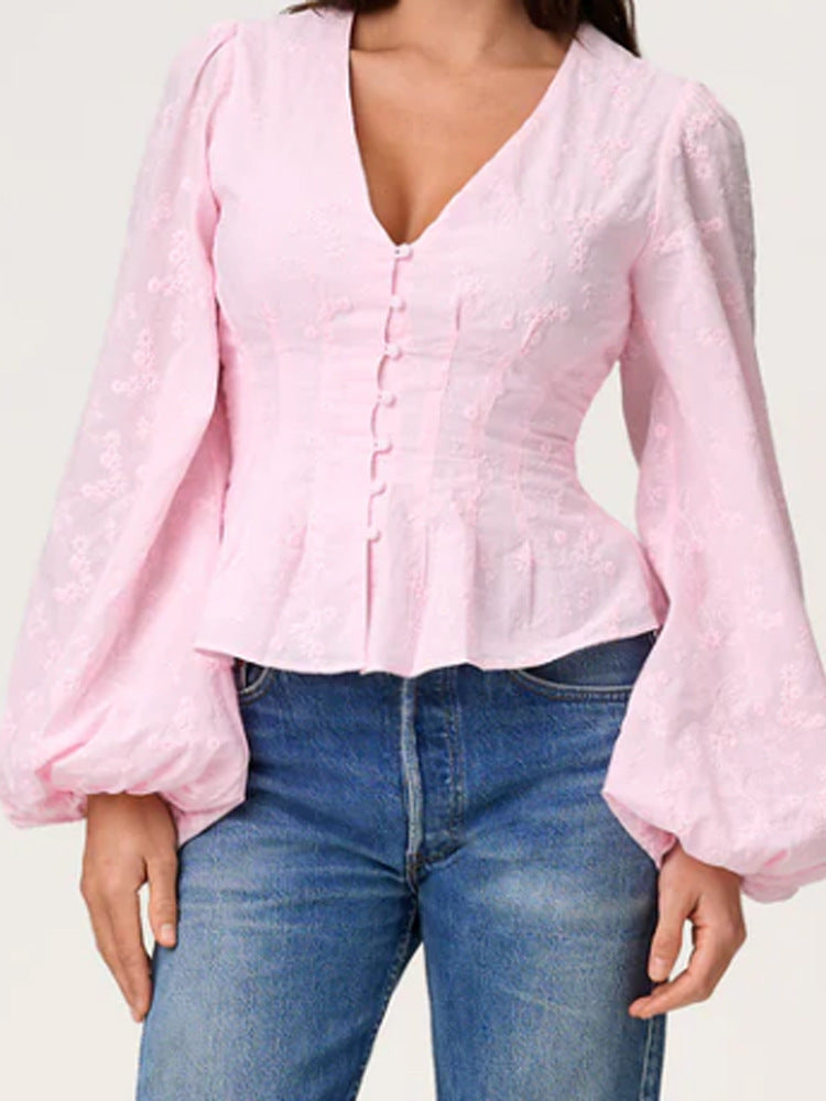 Damen Jacquard-Spitzenbluse mit tailliertem Schößchen und Ballonärmeln Echoarchiv