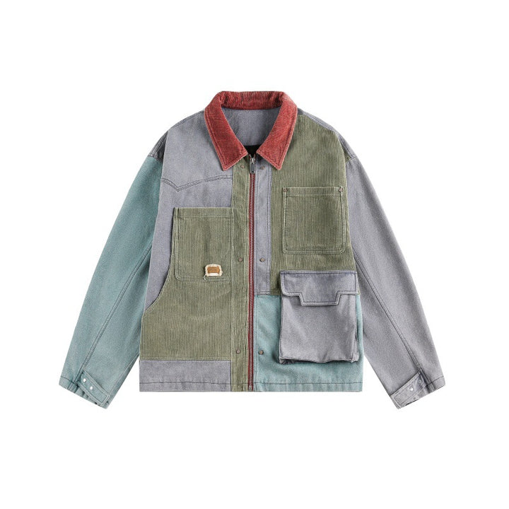 Unisex Boxy‑Patchwork‑Cordjacke mit kontrastierendem Kragen und Multifunktionstaschen Echoarchiv