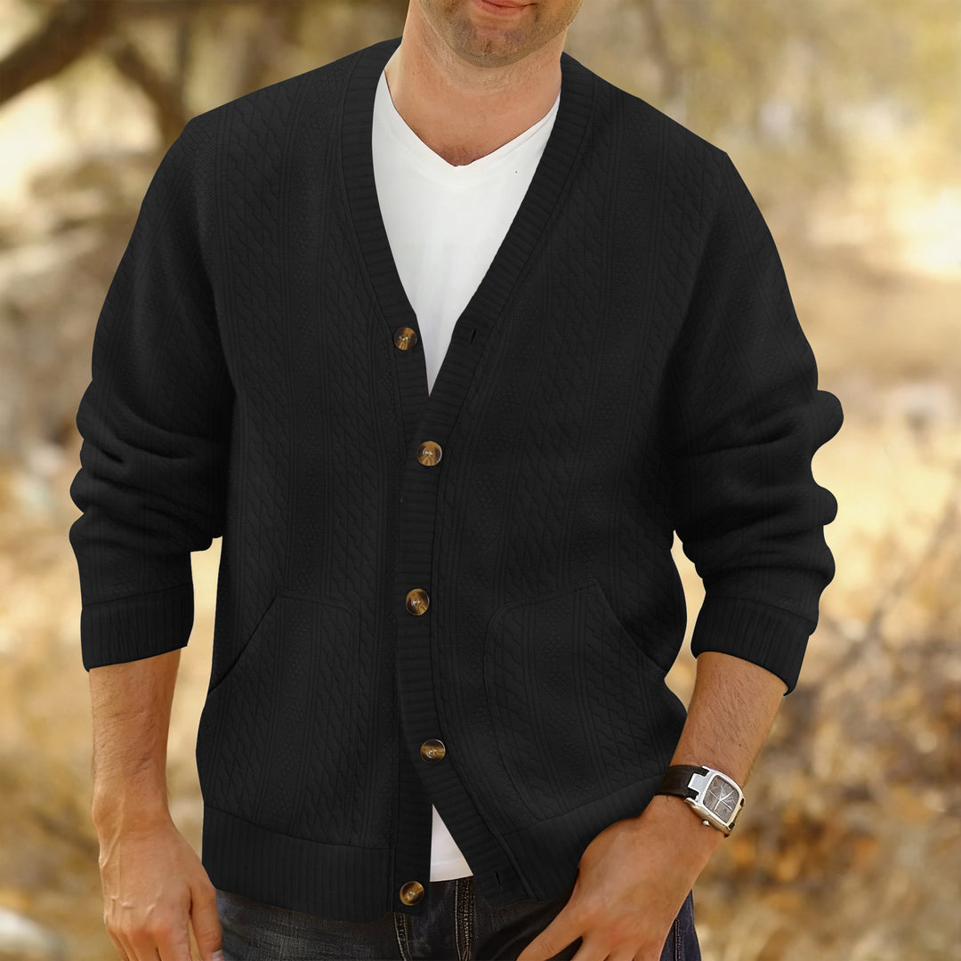 Herren Strukturierter Strickcardigan mit Zopf- und Waffelmuster, Knopfleiste und aufgesetzten Taschen Echoarchiv