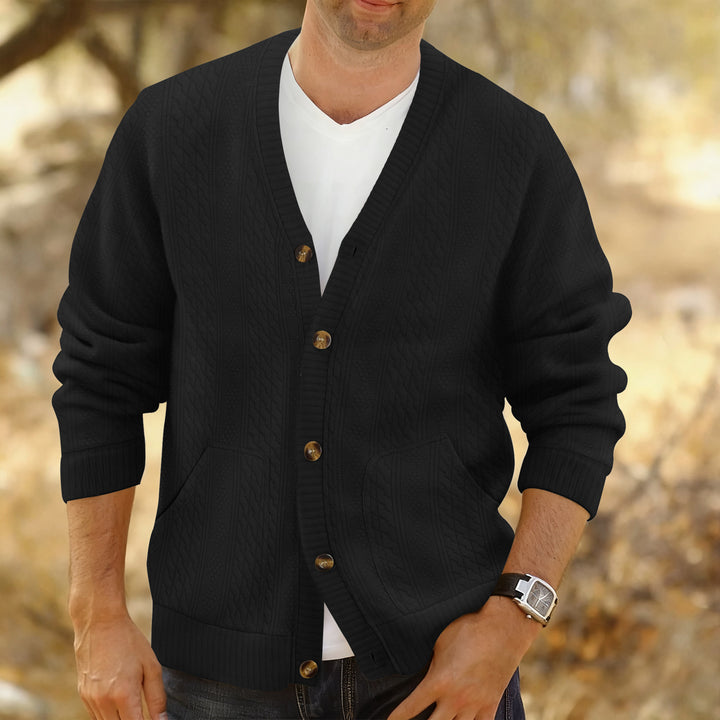 Herren Strukturierter Strickcardigan mit Zopf- und Waffelmuster, Knopfleiste und aufgesetzten Taschen Echoarchiv