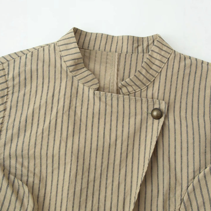 Damen Asymmetrische Nadelstreifen-Blazerjacke mit Stehkragen und überlappender Vorderseite Echo Archiv