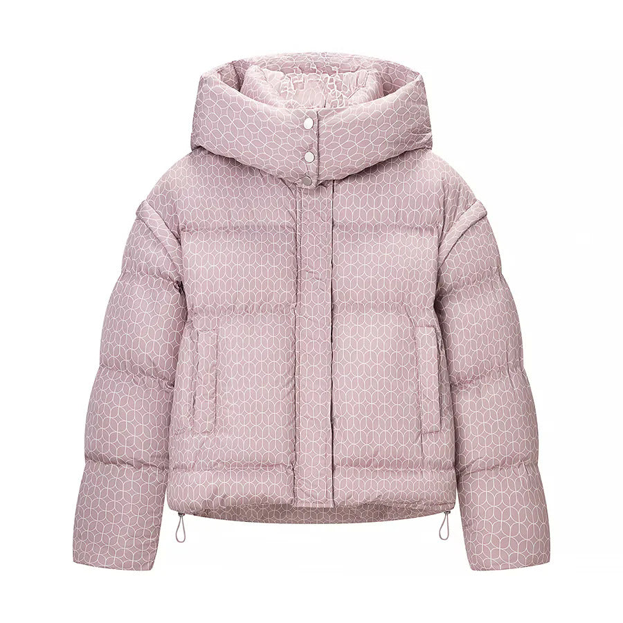 Damen kurze Boxy-Steppjacke mit grafischem Quiltmuster, großer Kapuze, verdeckter Druckknopfleiste und Tunnelzugsaum – Célinea
