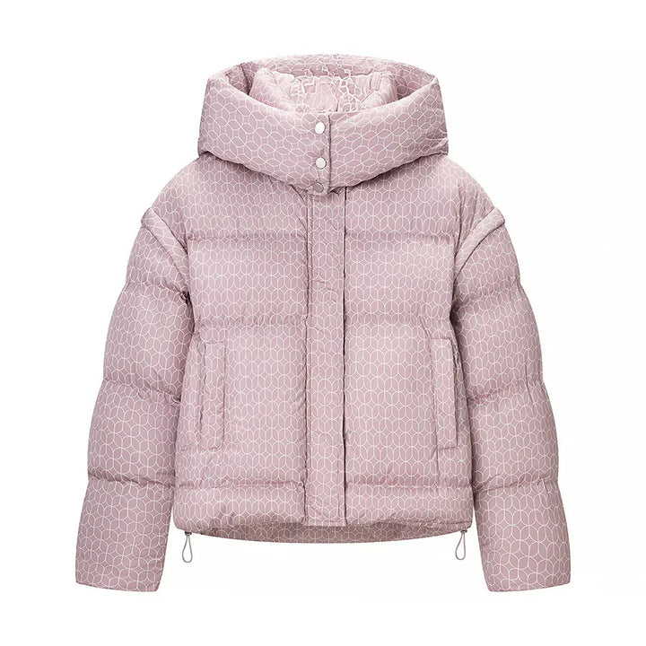 Damen kurze Boxy-Steppjacke mit grafischem Quiltmuster, großer Kapuze, verdeckter Druckknopfleiste und Tunnelzugsaum – Célinea