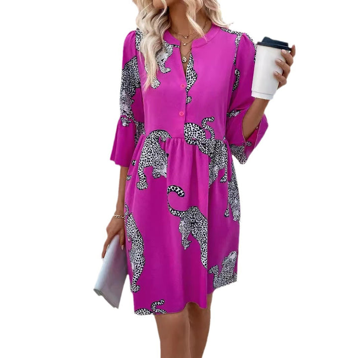 Damen nan lockeres Tunika-Kleid mit geraffter Taillennaht, Knopfleiste und grafischem Tier-Silhouettenprint Echo Archiv
