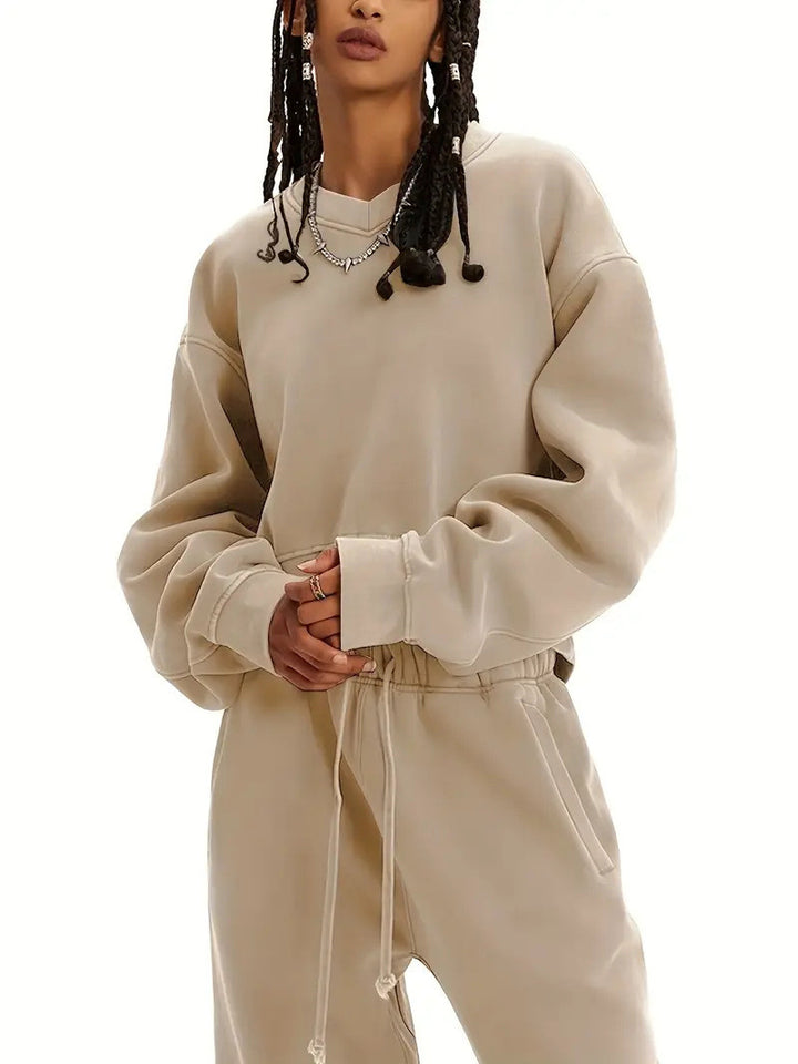 Damen Boxy-Sweatshirt mit überschnittener Schulter, verlängertem Rückenteil und brushed Fleece – Avérine