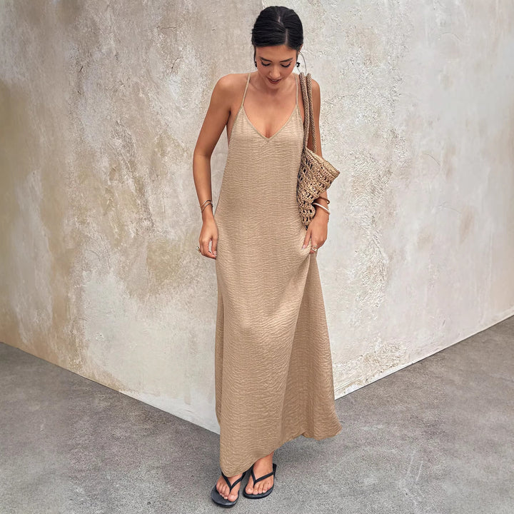 Damen Fließendes Maxikleid mit Spaghettiträgern, V-Ausschnitt und sommerlicher Leinenoptik Echo Archiv