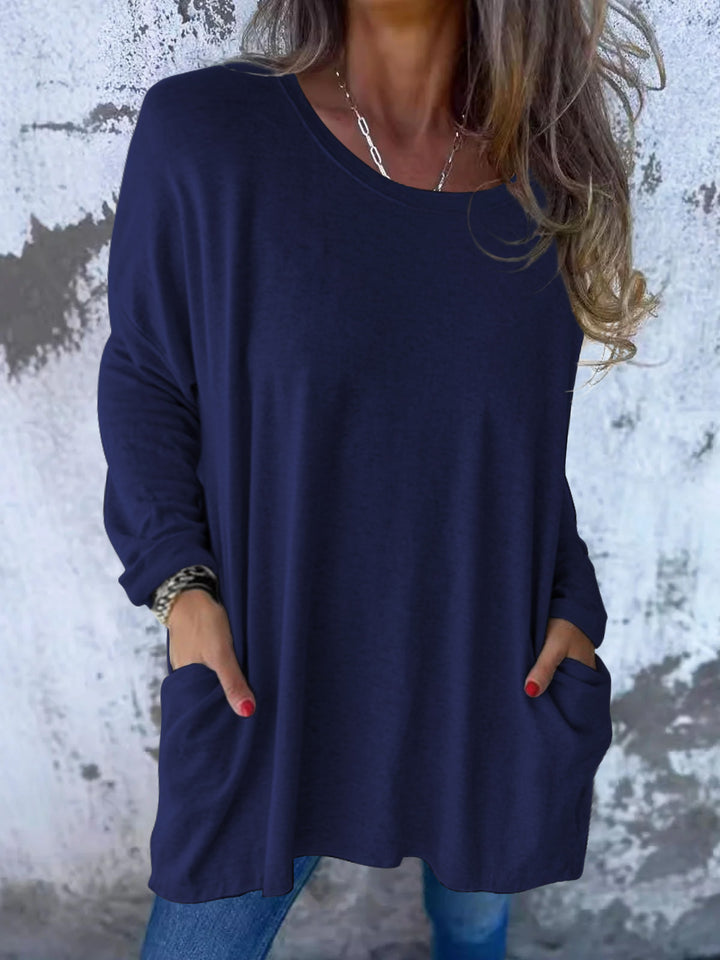 Damen Weiches Oversize Langarmshirt mit Rundhalsausschnitt, Lässigen Ärmeln und Seitentaschen – Avérine
