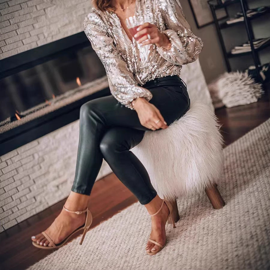 Damen Paillettenbluse mit V‑Ausschnitt und Ballonärmeln – Élovi