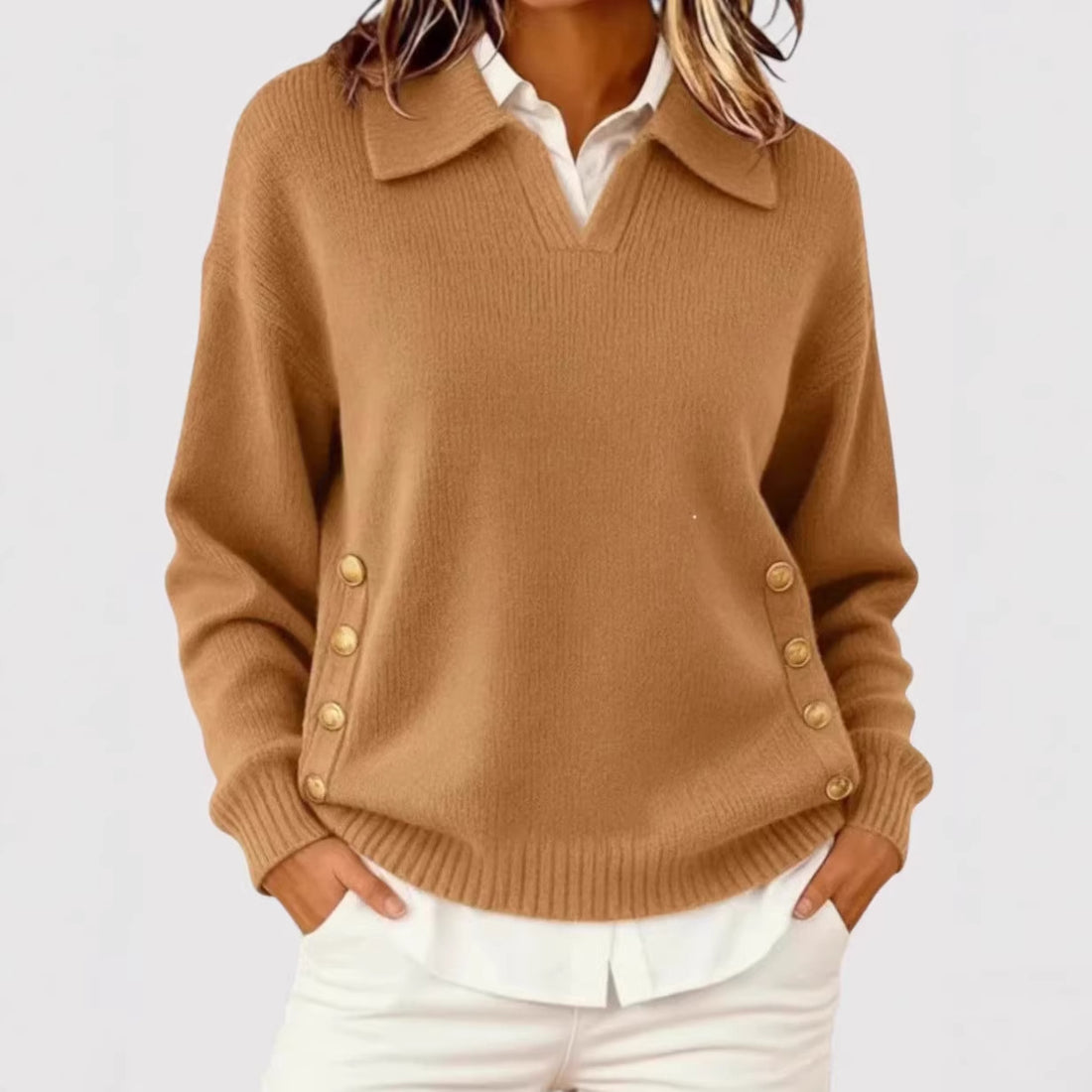 Damen Modischer Strickpullover mit Kragen und Knopfdetails – Mavelle