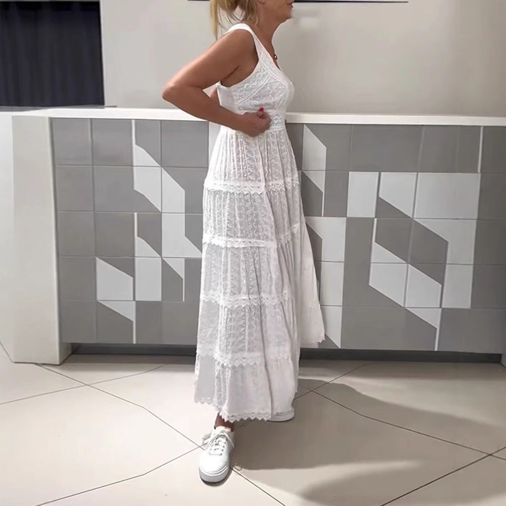 Damen nan ärmelloses Boho-Spitzen-Lagenmaxikleid mit V-Ausschnitt und Empire-Taille Echo Archiv