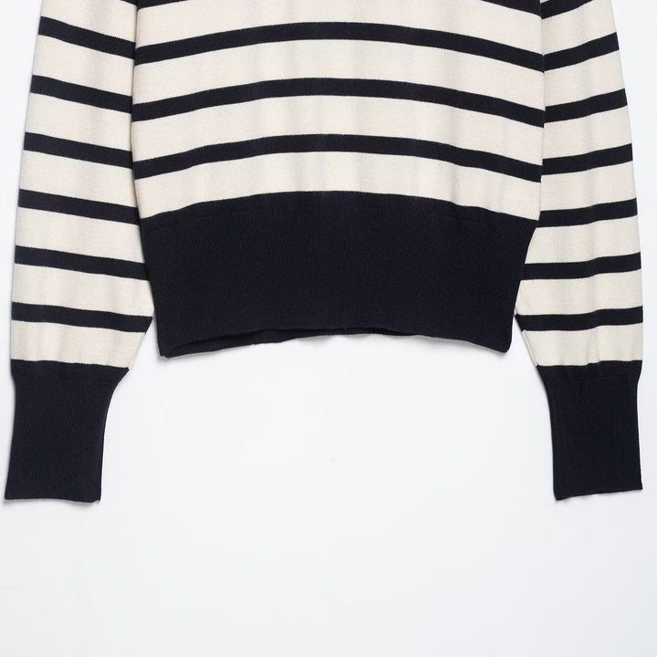 Damen Cropped Boxy Strickpullover mit halbem Reißverschluss, Stehkragen und breiten Streifen Echoarchiv