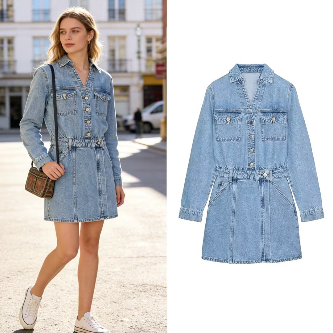 Damen Tailliertes Jeans-Minikleid mit Hemdkragen, aufgesetzten Brusttaschen und dekorativer Knopfleiste Echo Archiv