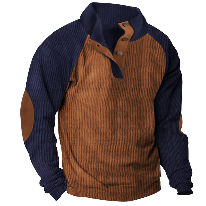 Herren Strukturiertes Raglan-Henley-Pullover mit Stehkragen, Ellenbogenpatches & Knopfleiste – Norvane
