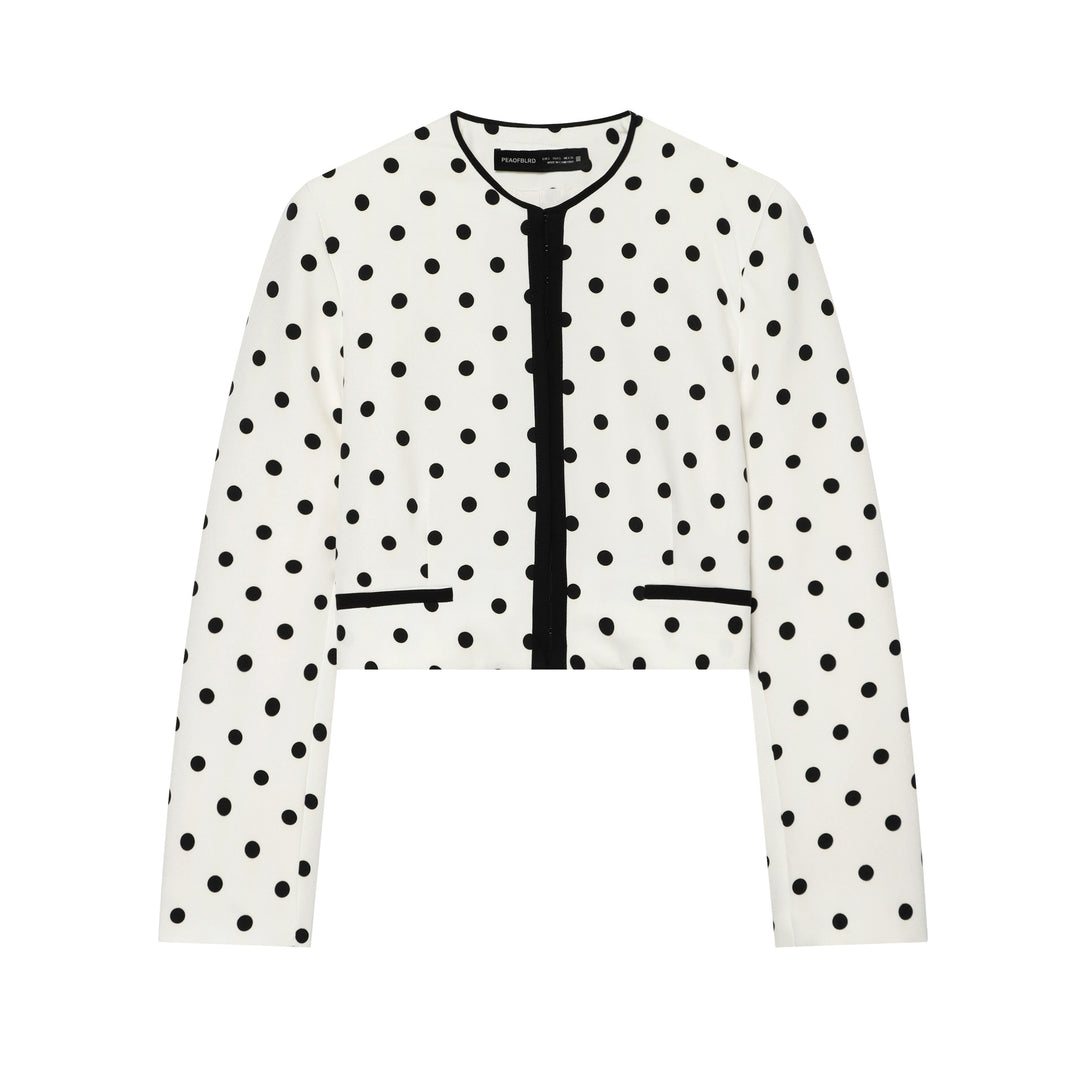 Damen nan kurz geschnittener Polka‑Dot Blazer mit Rundhalsausschnitt, verdeckter Knopfleiste und kontrastpaspel Echo Archiv