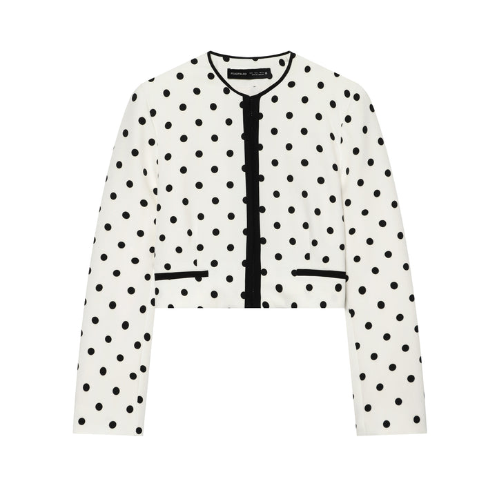 Damen nan kurz geschnittener Polka‑Dot Blazer mit Rundhalsausschnitt, verdeckter Knopfleiste und kontrastpaspel Echo Archiv