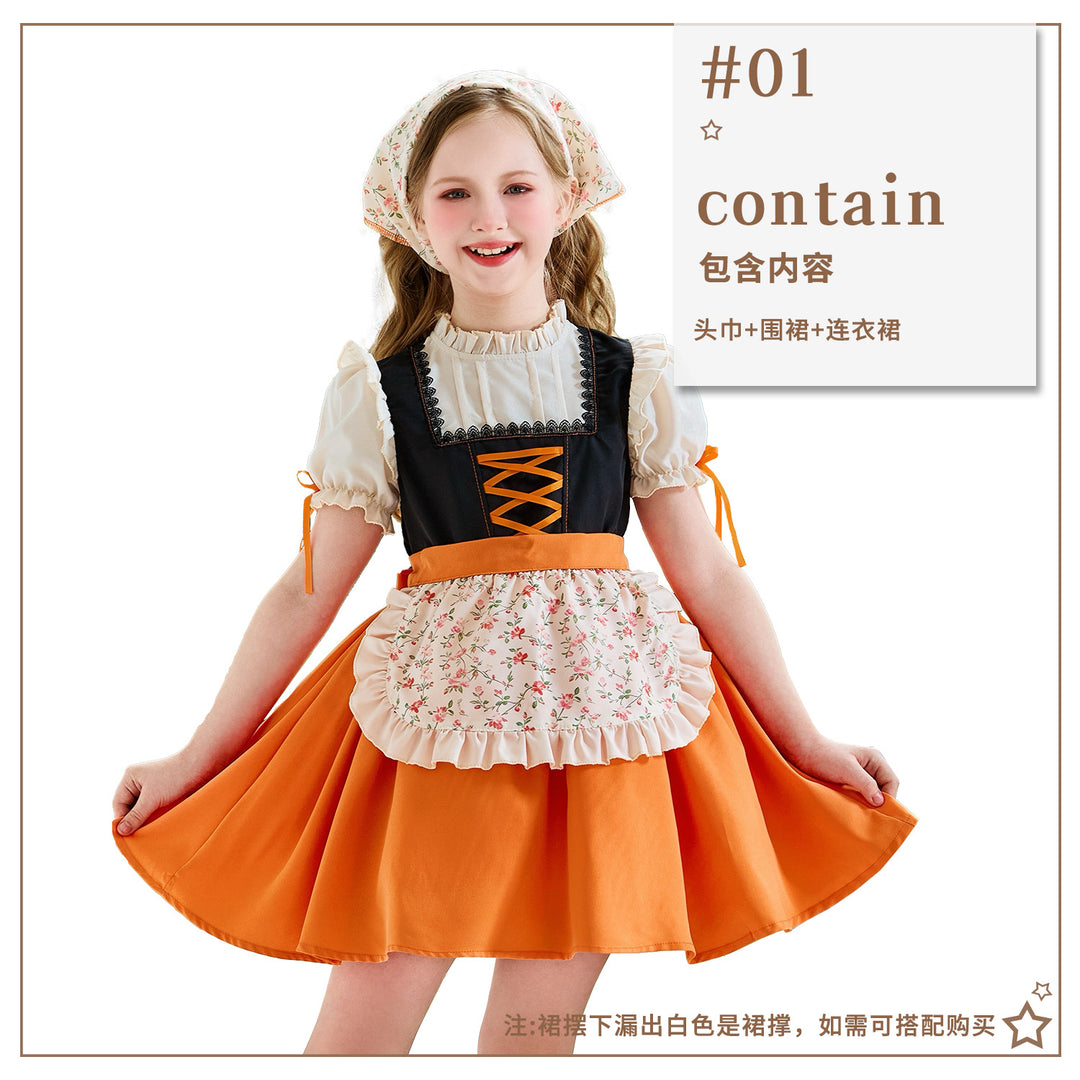 Damen nan traditionelles Kinderdirndl mit Schnürung, Rüschenschürze und Kopftuch Echo Archiv