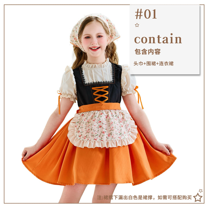 Damen nan traditionelles Kinderdirndl mit Schnürung, Rüschenschürze und Kopftuch Echo Archiv