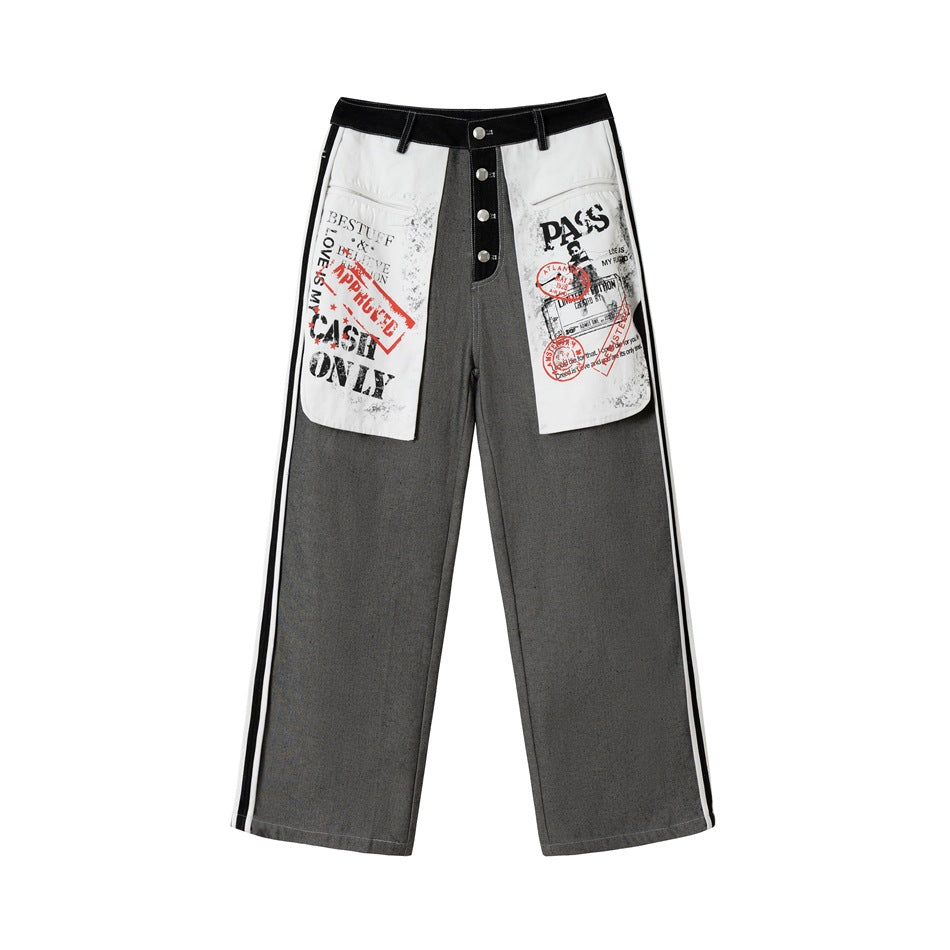Damen Wide-Leg Cargo-Jeans mit aufgesetzten Grafik-Patches und Kontraststreifen Echoarchiv