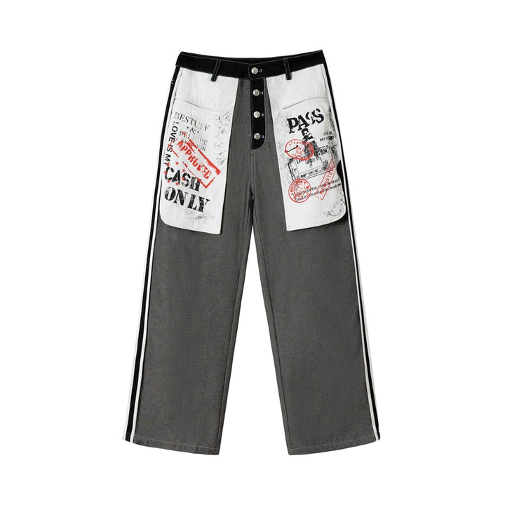 Damen Wide-Leg Cargo-Jeans mit aufgesetzten Grafik-Patches und Kontraststreifen Echoarchiv