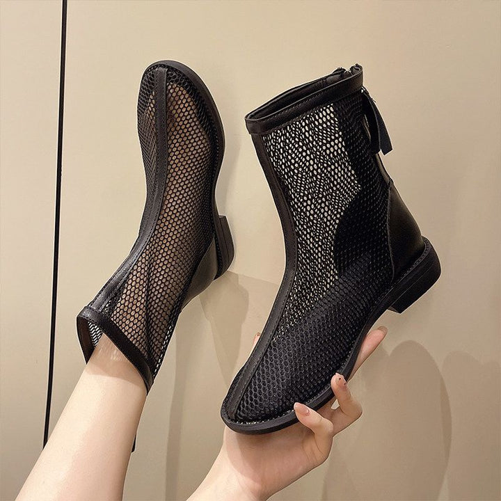 Damen Durchsichtige Netz‑Mesh Ankle‑Boots mit Reißverschluss und Lederbesatz – Varelle