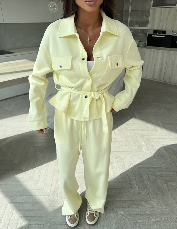 Damen Zweiteiliges Loungewear-Set mit tailliertem Blouson, Bindegürtel und weiter Palazzo-Hose – Élanora