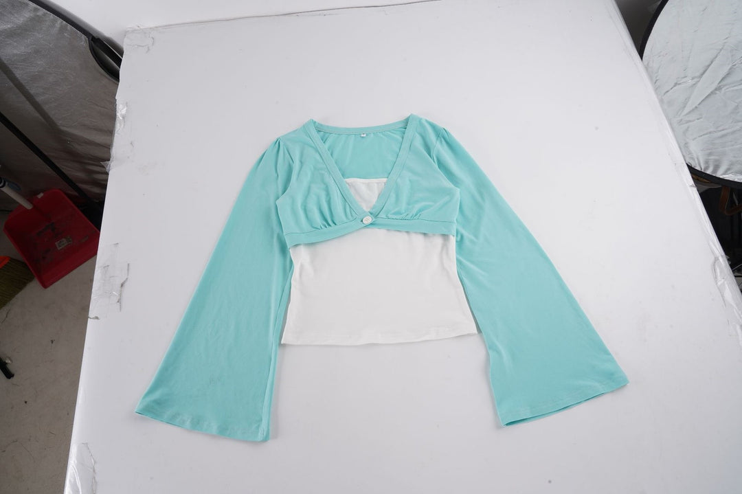 Damen Bolero-inspiriertes Crop-Top mit tailliertem Unterteil, V‑Ausschnitt und ausgestellten Ärmeln – Orélia