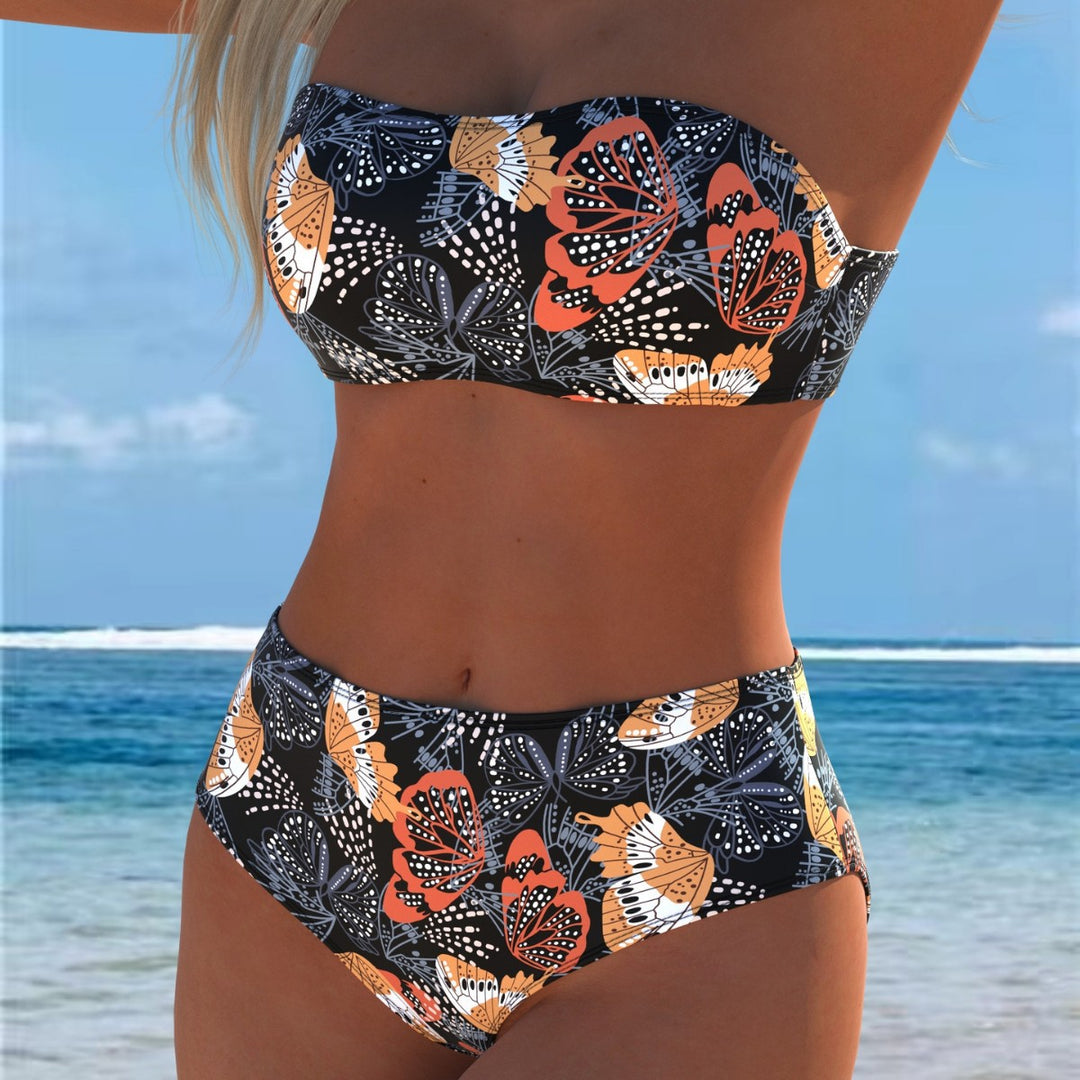 Damen Bandeau-Bikini mit hohem Taillenschnitt und kontrastierendem Blumendesign Echo Archiv