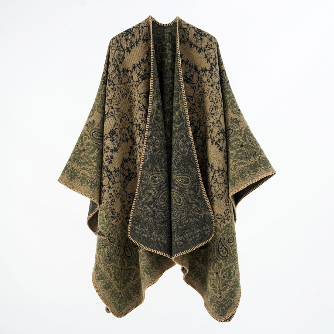 Damen Überwurfponcho im Double-Face‑Jacquard mit Paisley‑Inspiration und Zierstichkante – Célinea