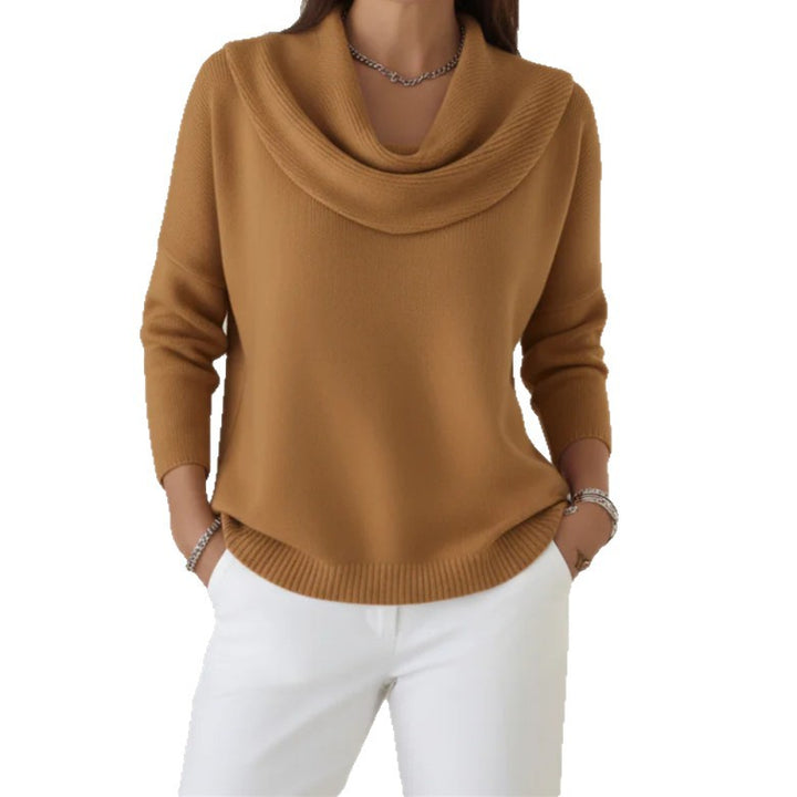Damen Lässiger Schalkragen-Feinstrickpullover mit überschnittener Schulter und geripptem Saum – Mavelle