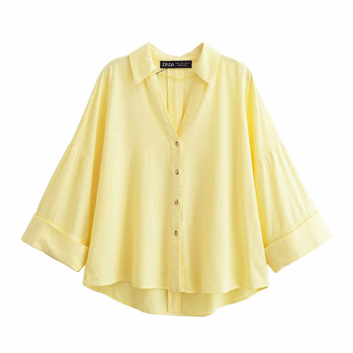 Damen nan lockere oversized Hemdbluse mit weitem Kragen und Dreiviertelärmeln Echo Archiv
