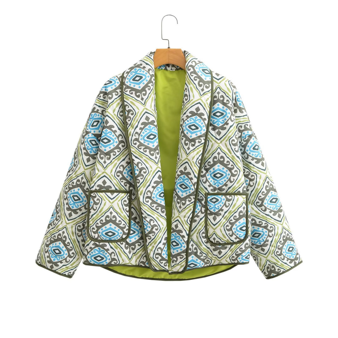 Damen Stepp-Kimonojacke mit grafischem Allovermuster, Schalkragen und aufgesetzten Taschen Echo Archiv